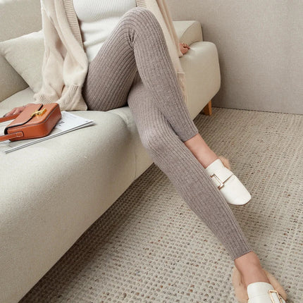100% Merino Wool Striped Leggings Women's Winter Warm Knitted Tights Solid Color Women's Trousers PlatiNum