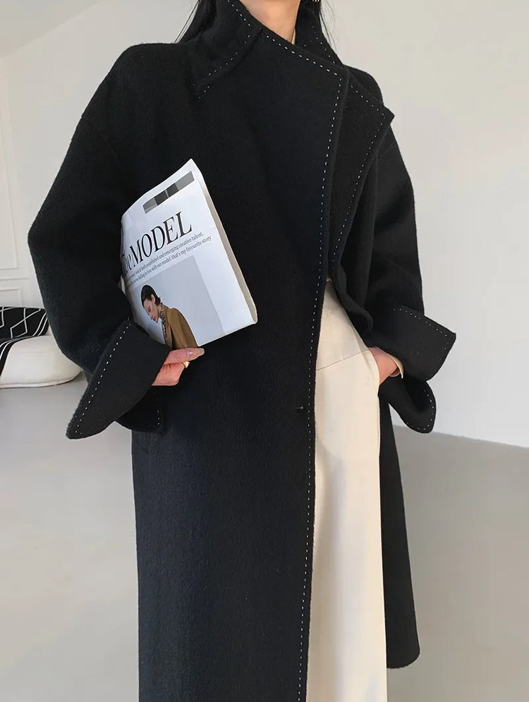 New Solid Korean Style Women Wool Coat Arch Needle Large Neck Versatile Fashion Texture Double Sided Trench Coats Female Winter