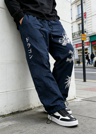 Pantaloni Larghi in Nylon con Stampa Drago per Uomo, Primavera-Estate, Joggers Streetwear per Palestra e Uso Quotidiano, Nero e Blu