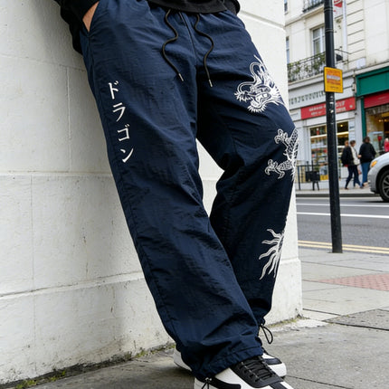 Pantaloni Larghi in Nylon con Stampa Drago per Uomo, Primavera-Estate, Joggers Streetwear per Palestra e Uso Quotidiano, Nero e Blu