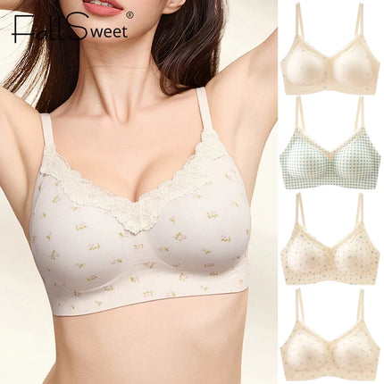 FallSweet French Floral Wireless Push Up Bra for Women Sweet Lace Bralette with Small Breasts Anti-sagging Brassiere Lingerie