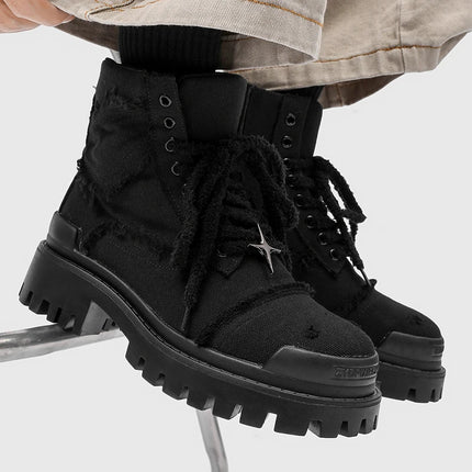 Four cornered star thick soled men high top boots European American anti kick height increasing anti slip retro motorcycle boots