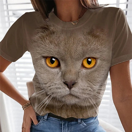 T-shirt mignonne en forme de chat pour femme, avec impression 3D animal de compagnie, manches courtes, hauts décontractés d'été, T-shirts amples Streetwear à col rond