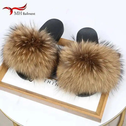 Real Raccoon Fur Slippers for Women 2023 Summer Fluffy Indoor Home Fuzzy Flat Slides Outdoor Fashion Beach Sandals Flip Flops