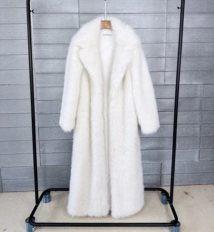 ZADORIN 130cm Super Long Fluffy Faux Fur Coat Woman Jacket Winter Lapel Thicken White Faux Fur Coats Jacket for Women Outerwears