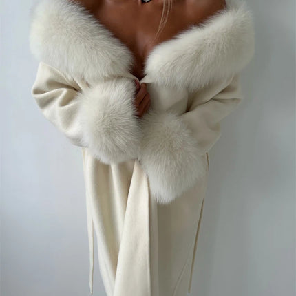 Women's Solid Color Lace Up Fur Collar Woolen Overcoat Bathrobe Style Long Loose Coat Advanced Atmosphere Autumn Winter Overwear