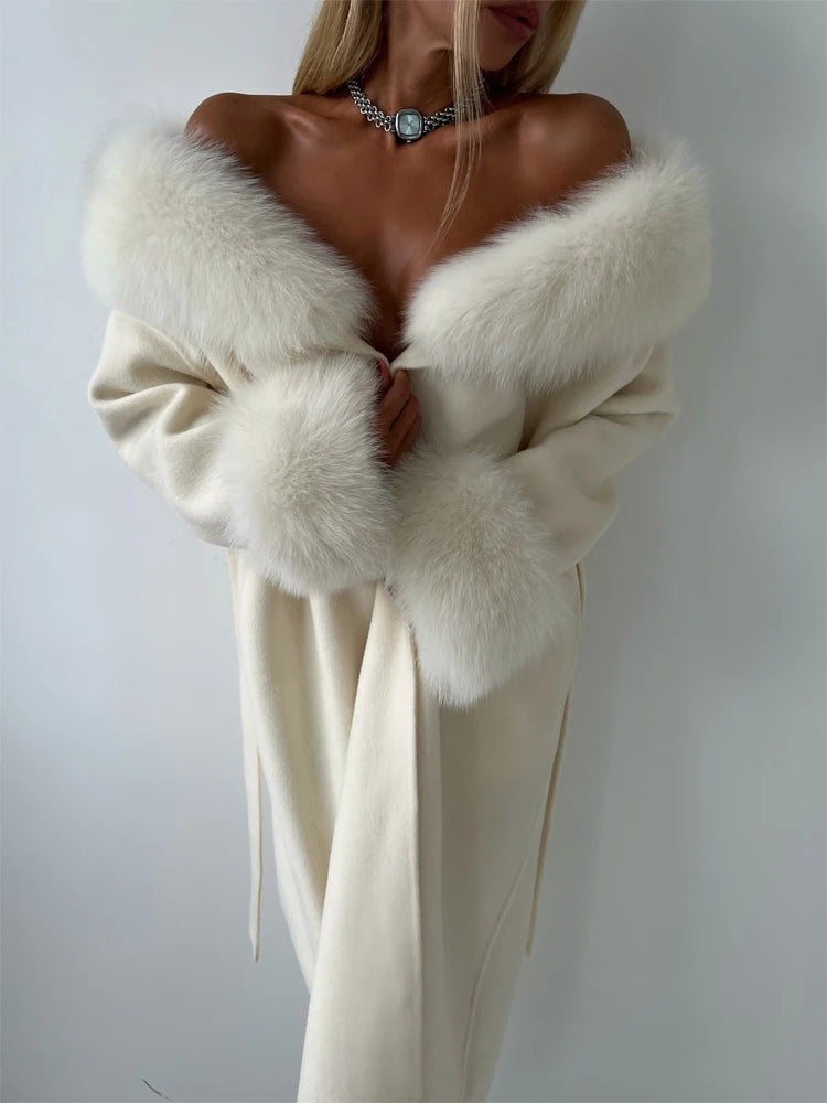 Women's Solid Color Lace Up Fur Collar Woolen Overcoat Bathrobe Style Long Loose Coat Advanced Atmosphere Autumn Winter Overwear