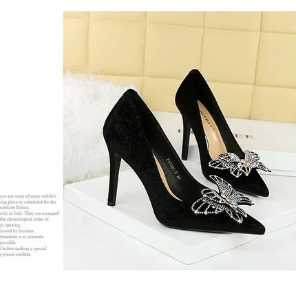 NUOVE Décolleté da donna con strass Tacchi alti a farfalla 10 CM Tacchi a spillo da donna in pelle scamosciata Scarpe da banchetto di lusso Scarpe da sposa di moda