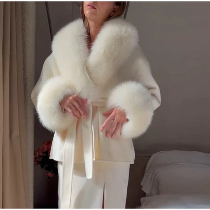 Women Faux Wool Short Coat Faux Fur Collar Cuffs Patchwork Lace-Up Coats Elegant Loose Luxury Ladies Autumn Winter Outerwear