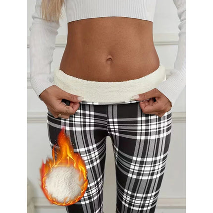 Women Lamb Wool Plaid Leggings Autumn Winter Out Wear Vintage Street Warm Leggings Woman High Waist Thicken Plush Lined Leggings PlatiNum
