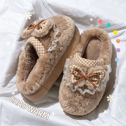 Kawaii Winter Warm Cotton Slippers Women Plaid Bowknot Lace Ruffle Plush Thick Platform Non-Slip Indoor Casual Shoes