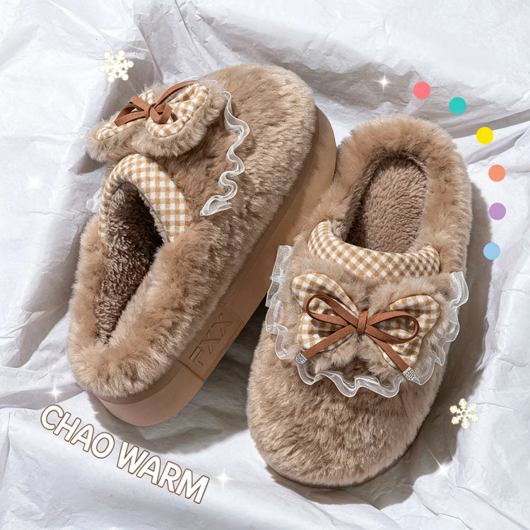 Kawaii Winter Warm Cotton Slippers Women Plaid Bowknot Lace Ruffle Plush Thick Platform Non-Slip Indoor Casual Shoes