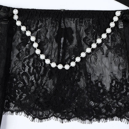 Sexy Erotic Womens Western Style Handmade Pearl 4 Piece Set Sensual See Through Lace Alluring Bowknot Attractive Breathable Set