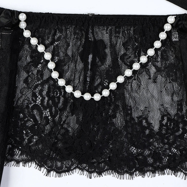 Sexy Erotic Womens Western Style Handmade Pearl 4 Piece Set Sensual See Through Lace Alluring Bowknot Attractive Breathable Set