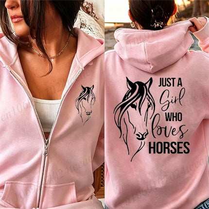 Autumn Winter Woman Zip Up Hoodies Just A Girl Who Loves Horses Print Top Funny Harajuku Streetwear Horses Lovers Sweatshirts