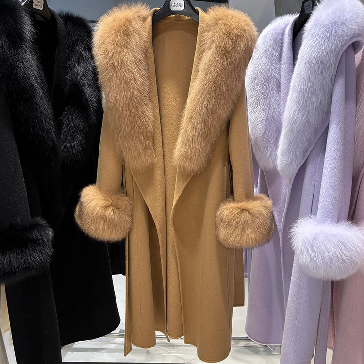 YOLOAgain Women's 100% Wool Coat Long With Detachable Real Fox Fur Collar 2025 Autumn Elegant Double-Sided Wool Coat