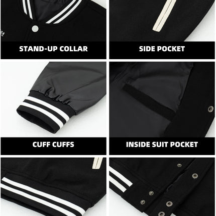 Men's Casual Varsity Jacket Racing Letterman Baseball Coat Vintage Embroidery Outerwear Streetswear with Faux Leather Sleeves