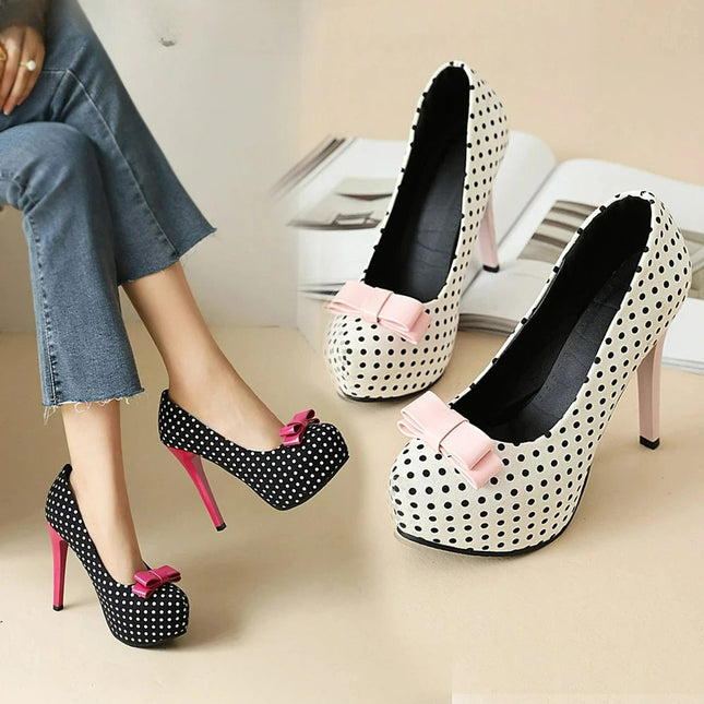 Sexy Super High Heels Women Platform Pumps Polka dot Bow Party Dress Shoes Woman Elegant Wedding Shoes Female 12cm Stilettos PlatiNum