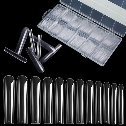 240Pcs Clear Extra‑Long Square Full‑Cover False Nail Tips 12 Sizes Press‑On Fake Nails For Nail Art DIY Supplies