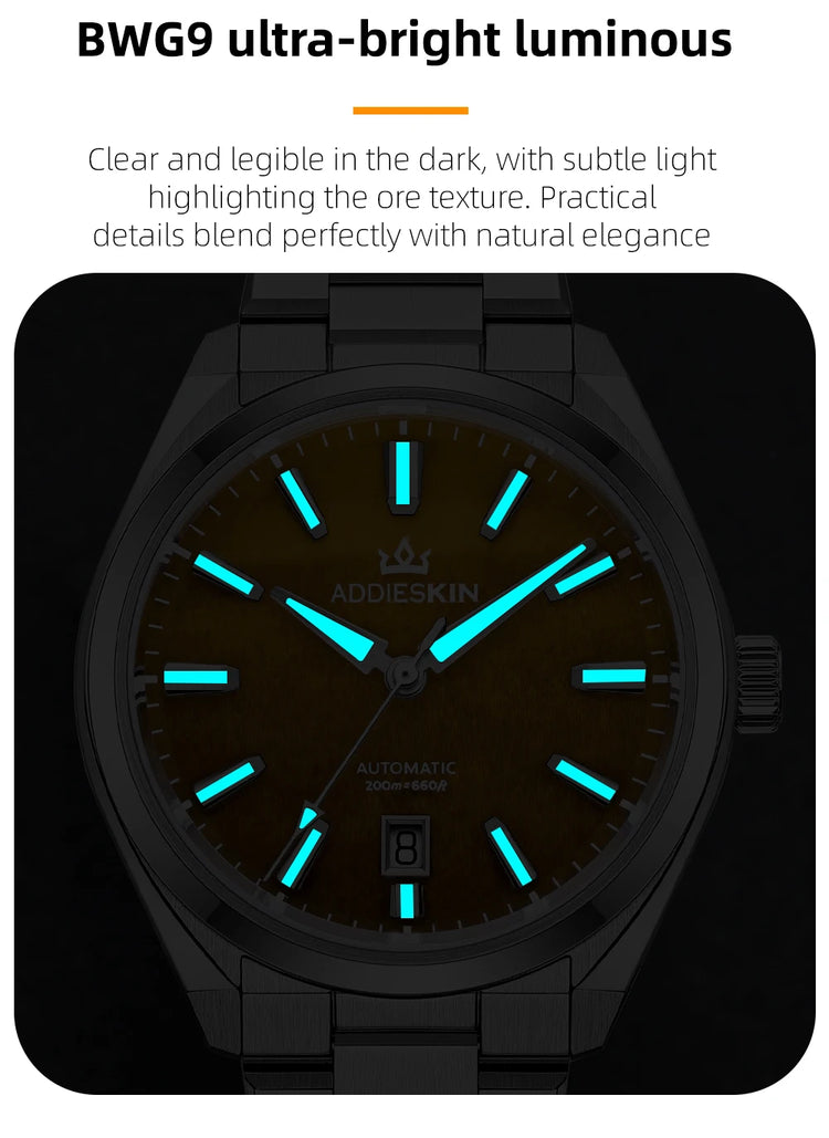 AddiesKin K010 Automatic Watch for Men Natural Tiger Eye Dial Miyota 9015 Movement Sapphire Crystal 200 Waterproof Luminous Gift