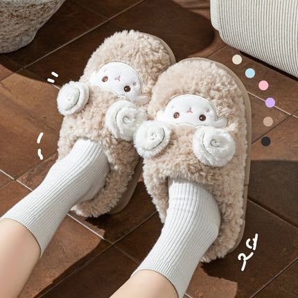 Cute Little Sheep Plush Slippers Women Winter Warm Thick Soft Sole House Shoes Indoor Fuzzy Non-Slip Comfortable Home Slides