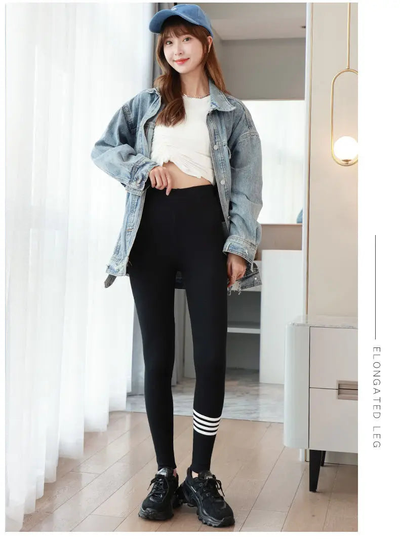 Autumn Winter Warm Thick Cotton Leggings for Women Fleece Lined Slim Fit Thermal Pants with Four Stripe Design