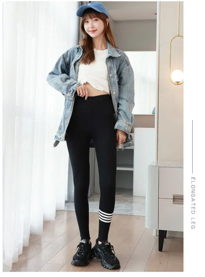 Autumn Winter Warm Thick Cotton Leggings for Women Fleece Lined Slim Fit Thermal Pants with Four Stripe Design