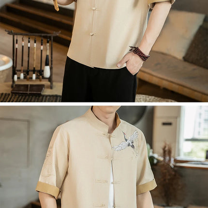 Camicie da uomo con gru ricamate Kungfu Tai Chi Casual manica corta nuovo stile cinese colletto alla coreana Cardigan in lino Tang Suit uomo Top