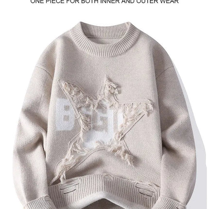 Edgy Star Fringe Knit Sweater – Distressed Lettering Crewneck for Men