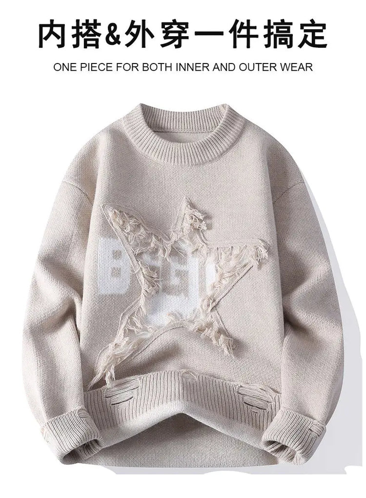 Edgy Star Fringe Knit Sweater – Distressed Lettering Crewneck for Men