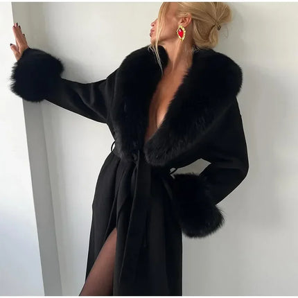 Retro Black Fur Patchwork Woolen Coat Women Chic Full Sleeve V-neck Lace Up Loose Long Overcoat 2025 Lady Winter Commute Outwear