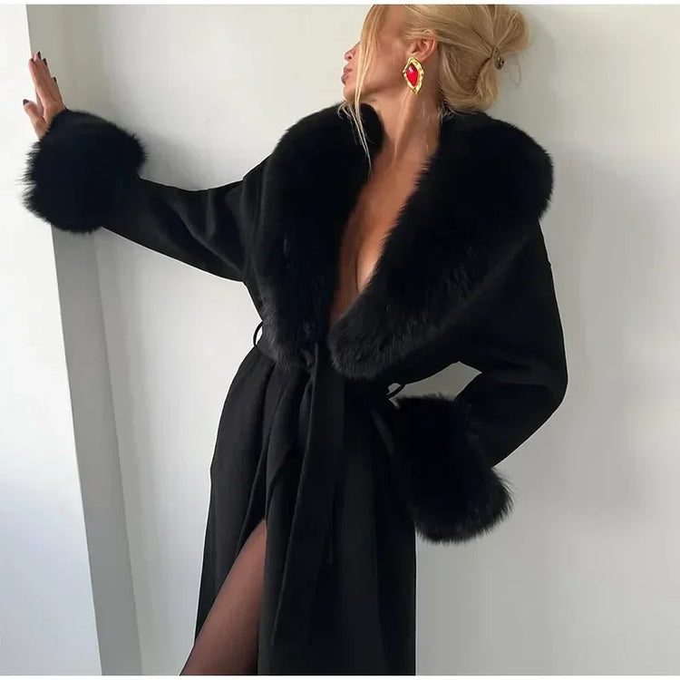 Retro Black Fur Patchwork Woolen Coat Women Chic Full Sleeve V-neck Lace Up Loose Long Overcoat 2025 Lady Winter Commute Outwear