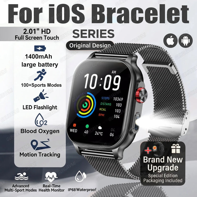 2026New Smart Watch Fitness Clock Men 2.01" AMOLED Screen 1400mAh 130+ Days Battery Life Flashlight Call Waterproof Smartwatches