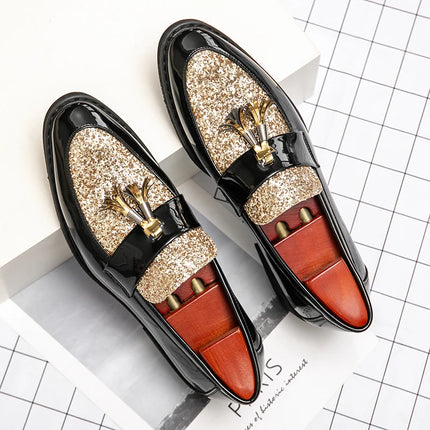 Mocassini di Lusso da Uomo con Tacco Basso, Slip-on Casual in Pelle Dorata, Scarpe da Festa con Nappe, Scarpe Eleganti da Uomo, Scarpe con Plateau da Uomo