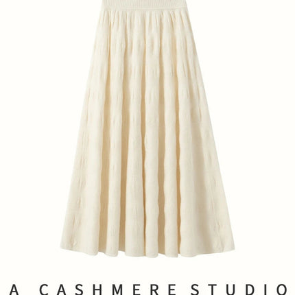 Women Cashmere Skirt A-Line Jacquard Elastic Waist Flared Skirt Autumn Winter 100% Cashmere Knitted Office Lady Curled Hem Dress PlatiNum
