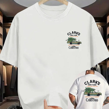 Men's Vintage Christmas Farm Graphic T-Shirt - White Short Sleeve Casual Shirt with Clark's Tree Farm & A Christmas Story Print PlatiNum