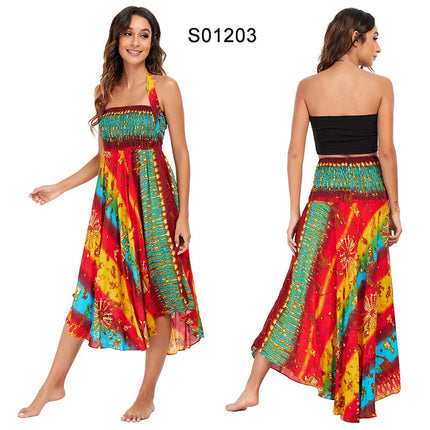 Boho Gonne Donna Rayon Beach Abito lungo Estate Bohemian Jupe Longue Femme Elastico in vita Stampa Fasciatura floreale Halter Hippie platinumshop