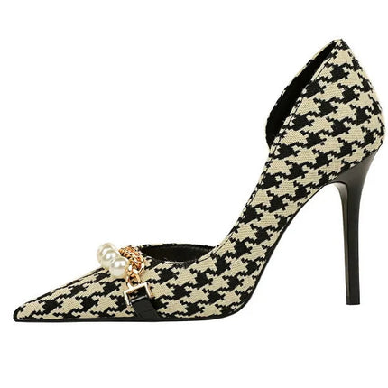 BIGTREE Scarpe 2026 Primavera Donna Pompe Catena di metallo perlato Tacchi alti Grana a quadri Tacchi a spillo Tacchi da donna Scarpe da banchetto di lusso 43 platinumshop