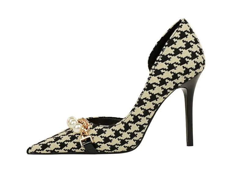 BIGTREE Scarpe 2026 Primavera Donna Pompe Catena di metallo perlato Tacchi alti Grana a quadri Tacchi a spillo Tacchi da donna Scarpe da banchetto di lusso 43 platinumshop