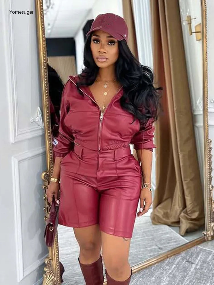 Yomesugar Autumn Sexy PU Leather 2 Piece Sets Women Hipster Zip Hooded Full Sleeve Crop Jacket and Shorts Matching Streetwear