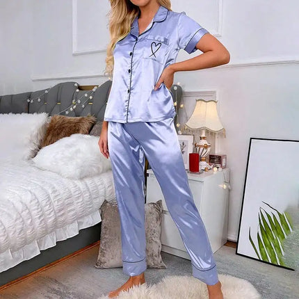 Lussuoso pigiama in raso per donna 2 pezzi pigiama Set tasca cuore ricama pigiameria autunno manica lunga top e pantaloni pigiama femminile platinumshop