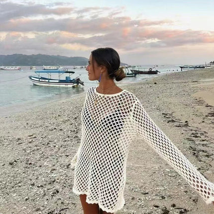 Abito Estivo Casual a Maniche Lunghe con Collo Tondo, Stile Spiaggia, Copricostume Traforato con Design Semplice e Aderente platinumshop