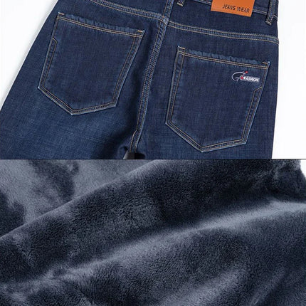2026 Winter Thermal Stretch Jeans Men New Loose Straight Leg Casual Trousers Male Daily Commute Windproof Denim Pants