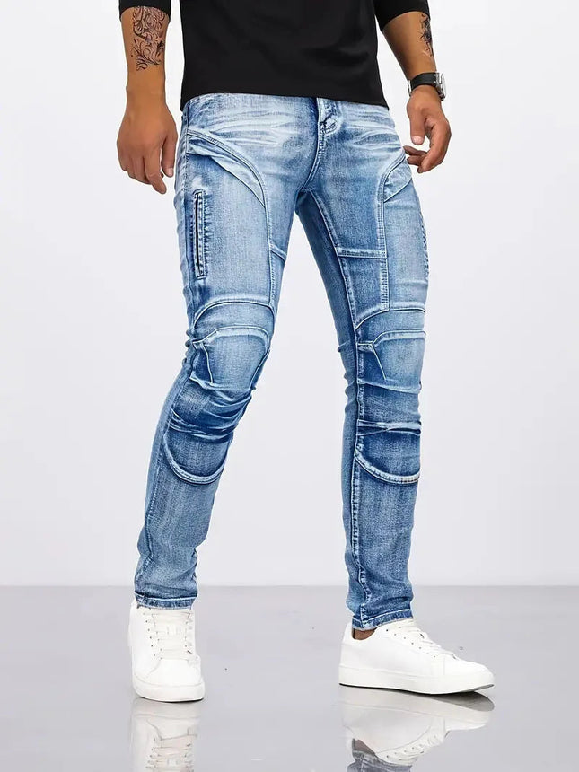 Two tone distressed patchwork jeans for men trendy jeans for summer thin straight leg pants slim fit small leg distressed jeans PlatiNum