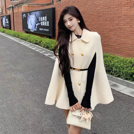 High end Casual Simple and Trendy New Cape Double Row Knitted Woolen Coat 2026 Autumn Waist Cinching Fashionable Slimming Coat
