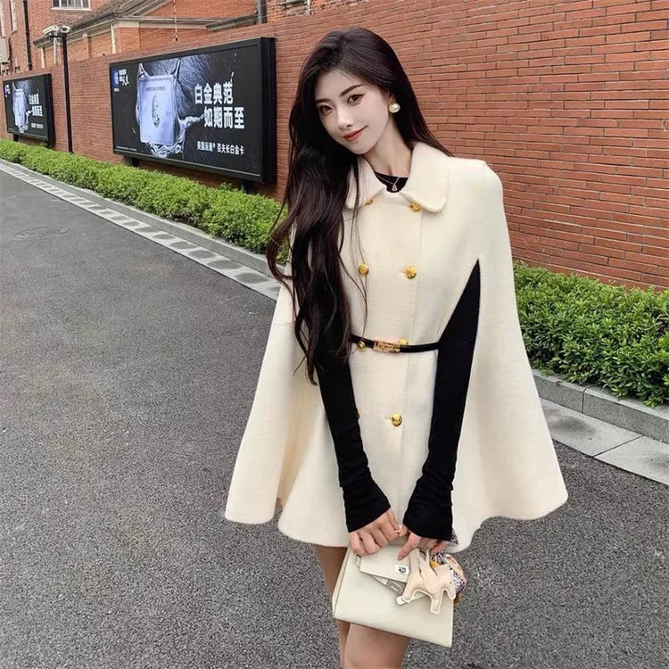 High end Casual Simple and Trendy New Cape Double Row Knitted Woolen Coat 2026 Autumn Waist Cinching Fashionable Slimming Coat