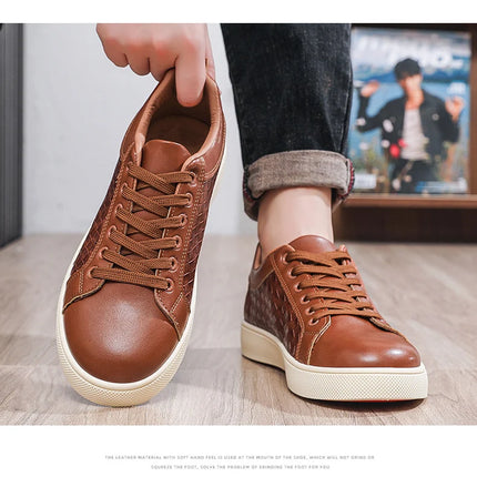 Men Low Top Leather Casual Shoes Lace-up Fashion Sneakers Black Embossed Plaid Upper Non Slip Flat Daily Wear Board Footwear