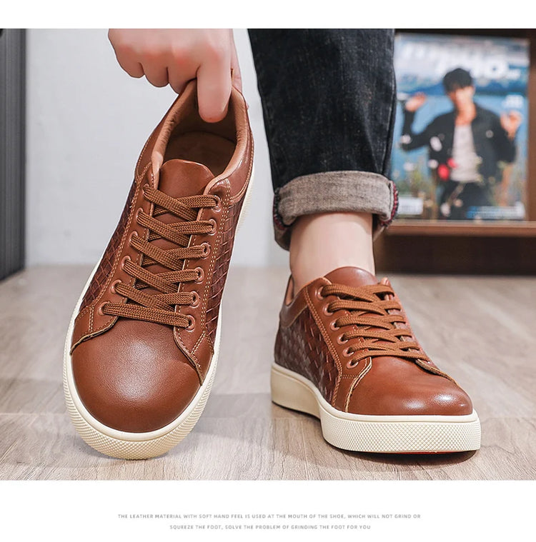Men Low Top Leather Casual Shoes Lace-up Fashion Sneakers Black Embossed Plaid Upper Non Slip Flat Daily Wear Board Footwear