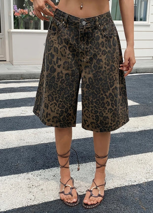 Pantaloncini Bermuda in Denim Vintage con Stampa Leopardata da Donna, a Vita Alta, Gamba Larga, Casual Estivi, Streetwear, Moda Quotidiana