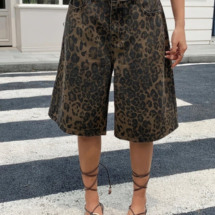 Pantaloncini Bermuda in Denim Vintage con Stampa Leopardata da Donna, a Vita Alta, Gamba Larga, Casual Estivi, Streetwear, Moda Quotidiana